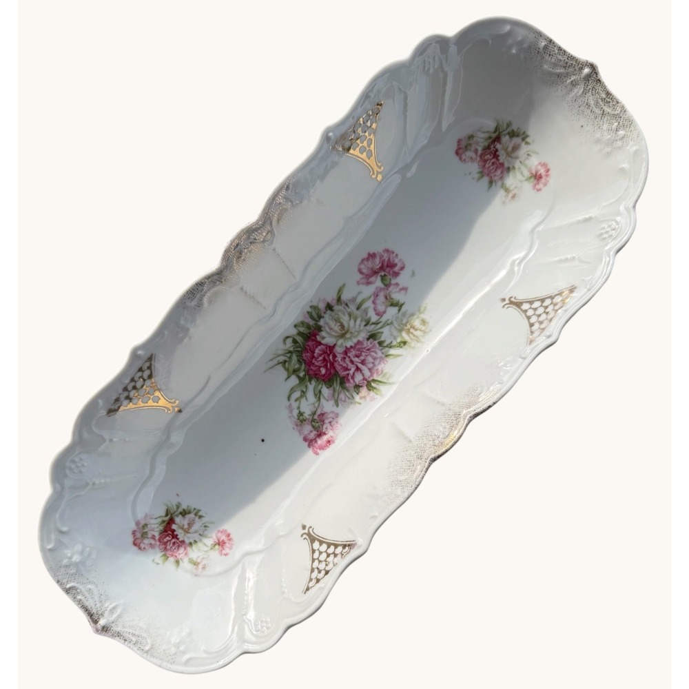 Antique Porcelain Celery Dish Relish Tray Oblong Pink Floral Gold Gilt 12.5"